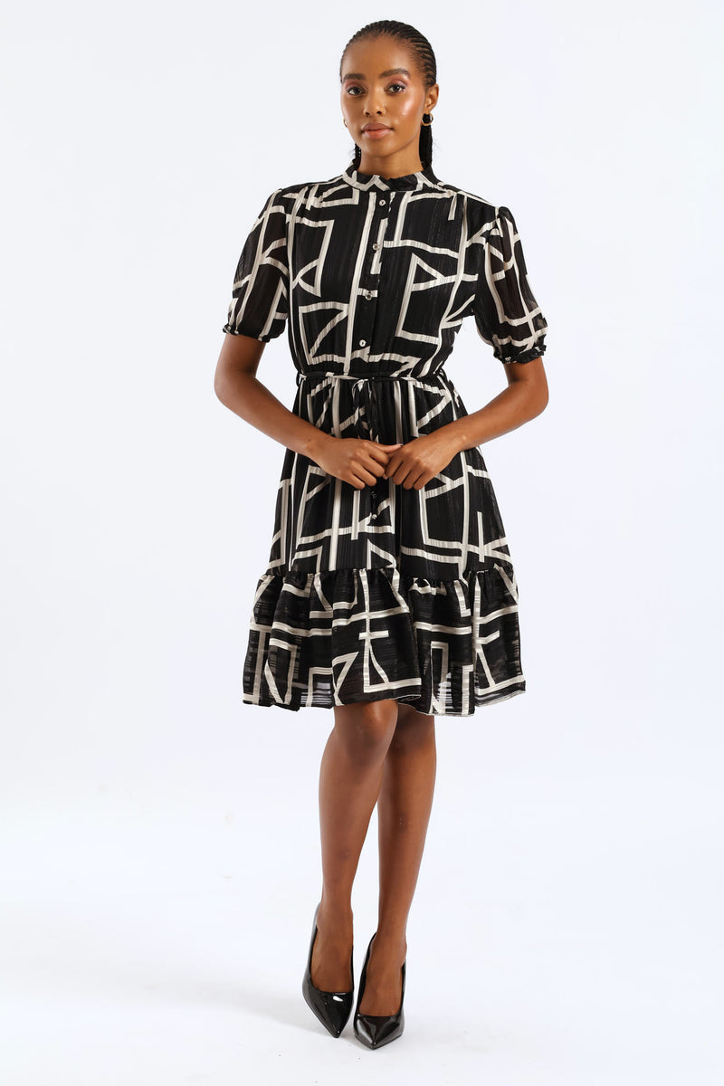 Mandarin Collar Monochrome Tea Dress - Black/White