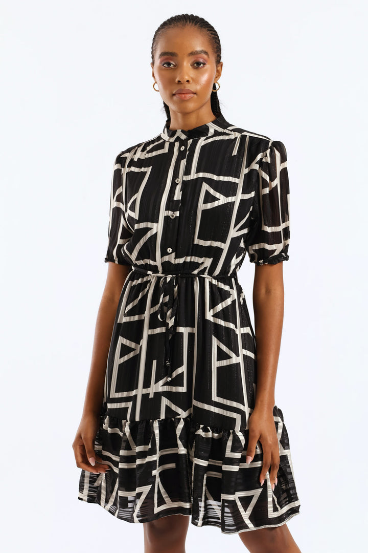 Mandarin Collar Monochrome Tea Dress - Black/White