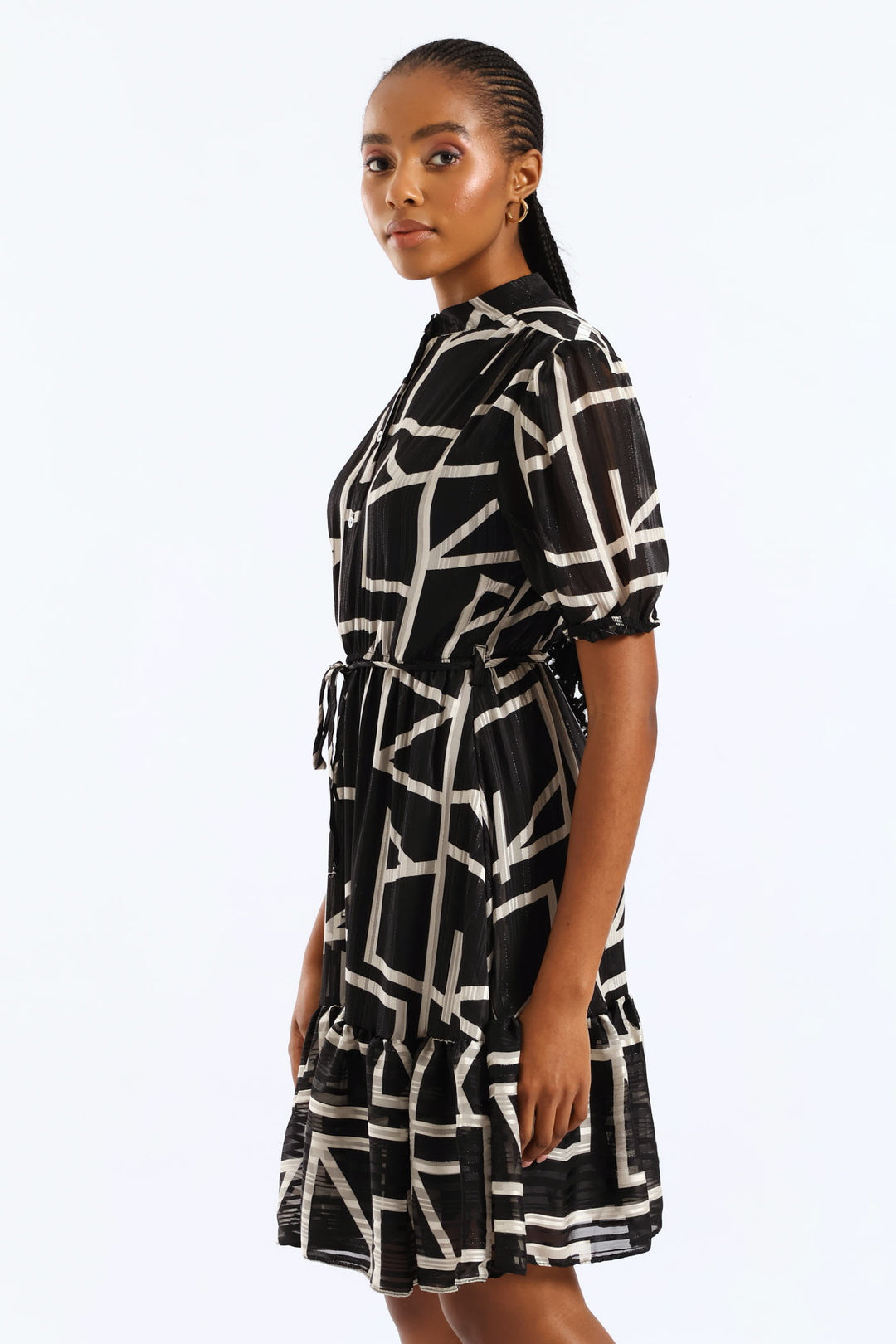 Mandarin Collar Monochrome Tea Dress - Black/White