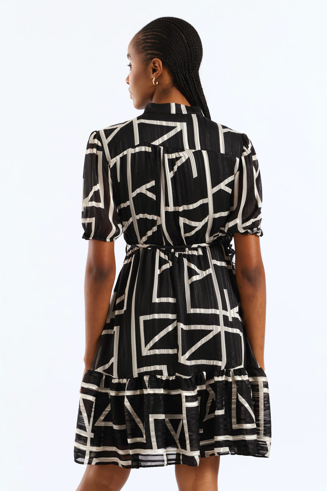 Mandarin Collar Monochrome Tea Dress - Black/White