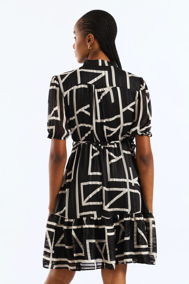 Mandarin Collar Monochrome Tea Dress - Black/White