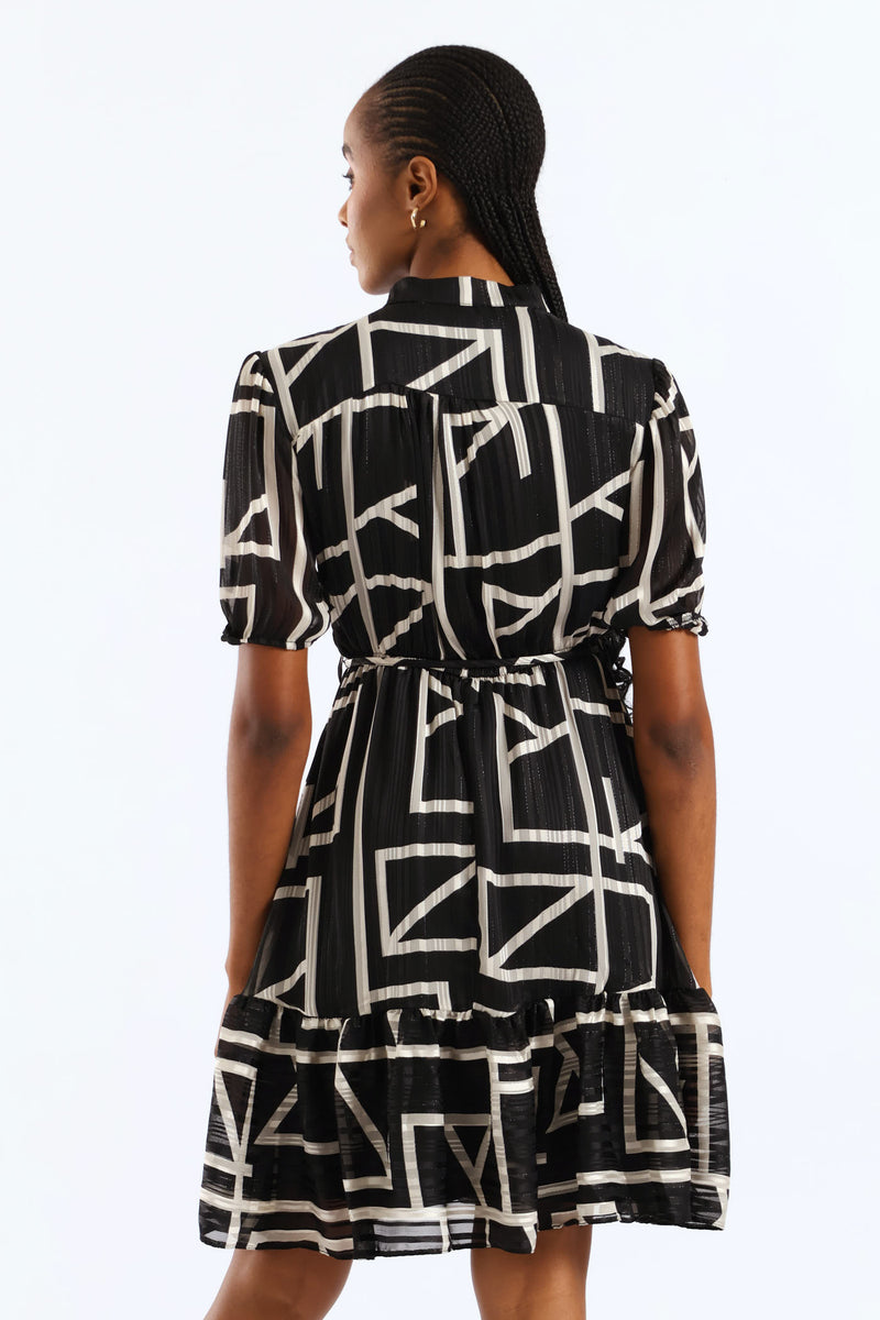 Mandarin Collar Monochrome Tea Dress - Black/White