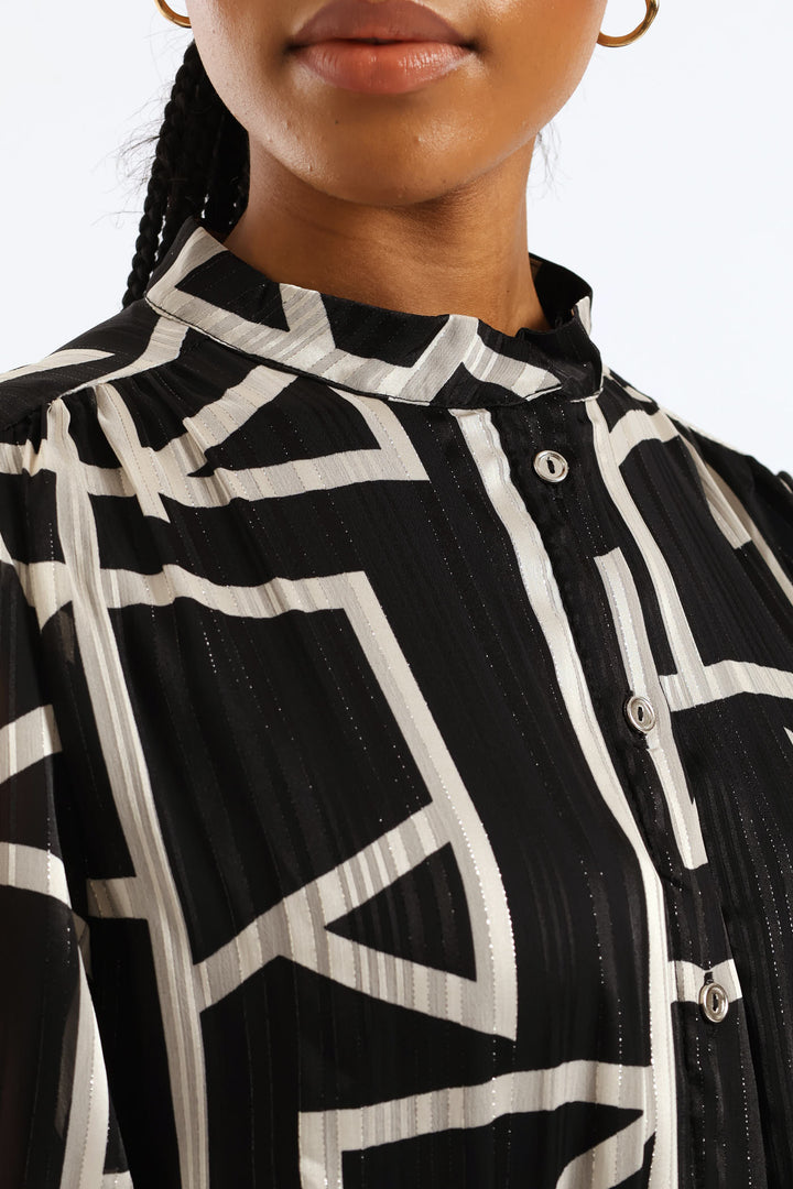 Mandarin Collar Monochrome Tea Dress - Black/White