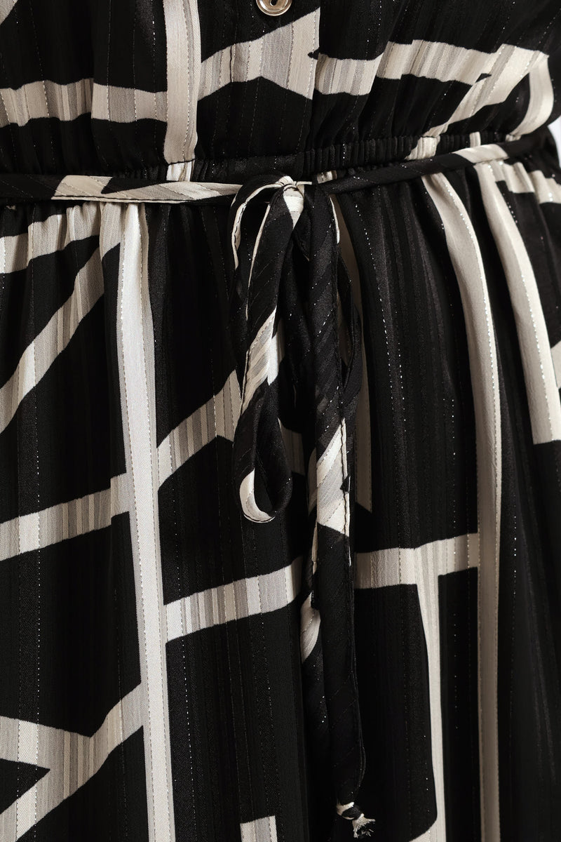 Mandarin Collar Monochrome Tea Dress - Black/White