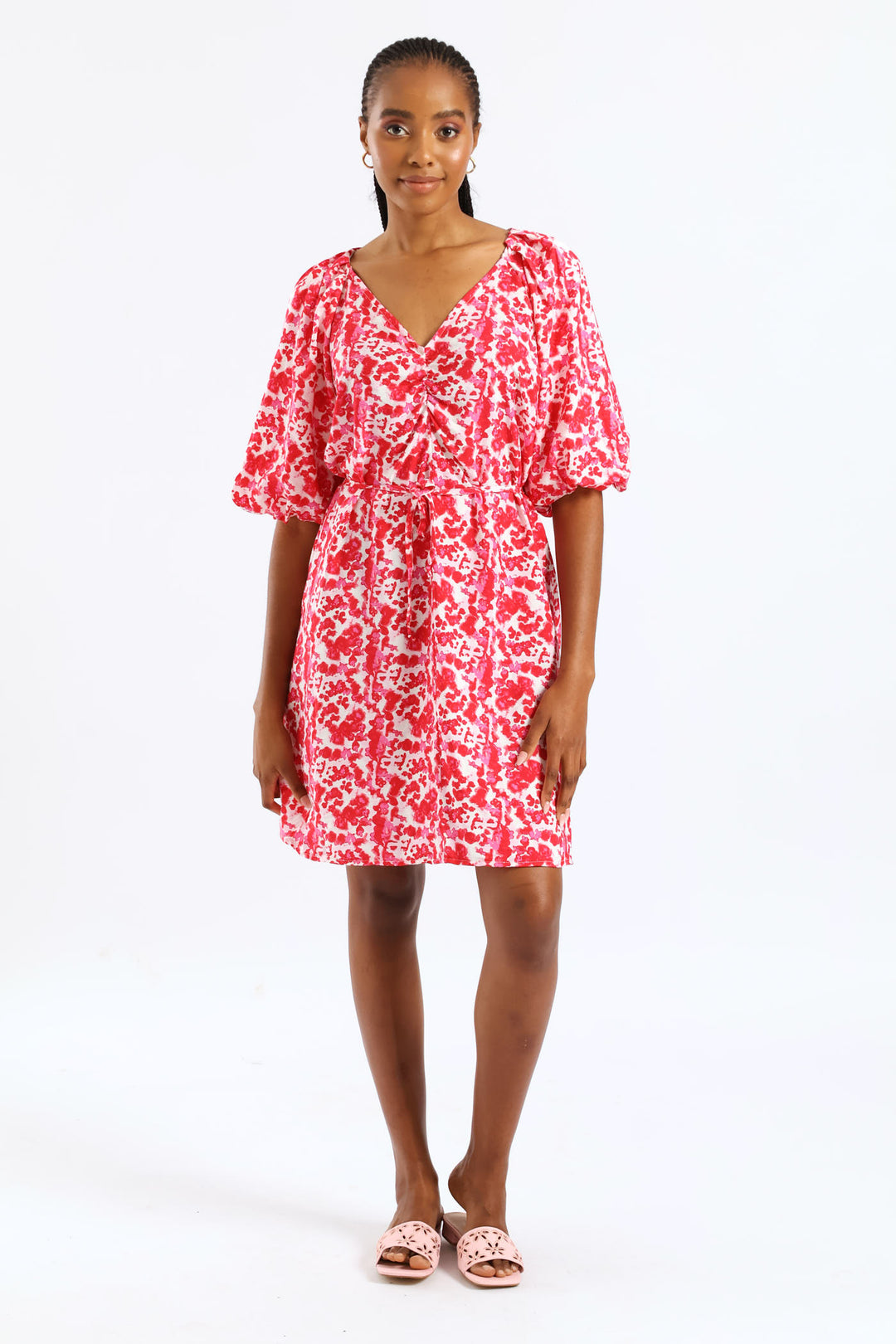 V-Neck Bubble Sleeve Belted Shift Dress - Red/Pink