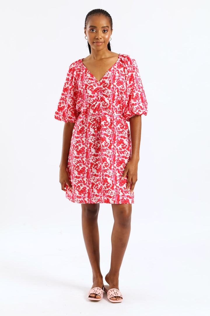 V-Neck Bubble Sleeve Belted Shift Dress - Red/Pink