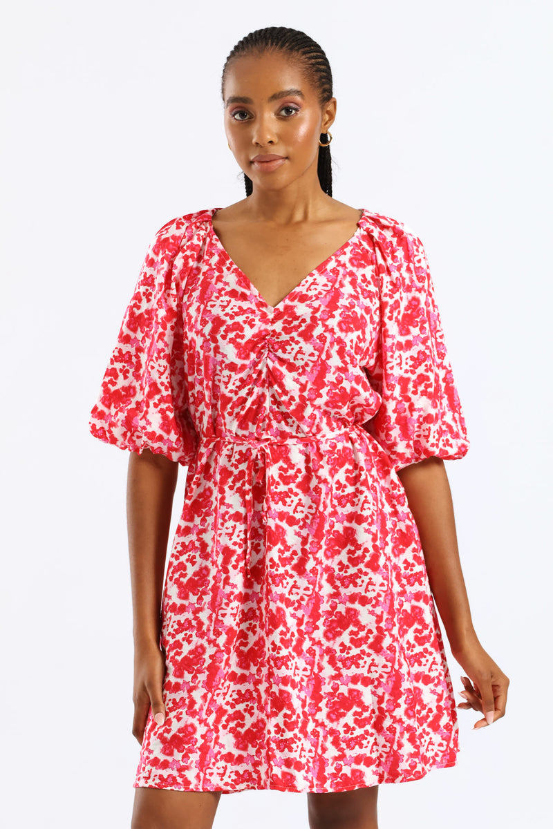 V-Neck Bubble Sleeve Belted Shift Dress - Red/Pink