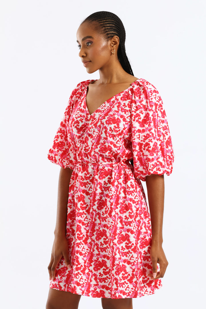 V-Neck Bubble Sleeve Belted Shift Dress - Red/Pink