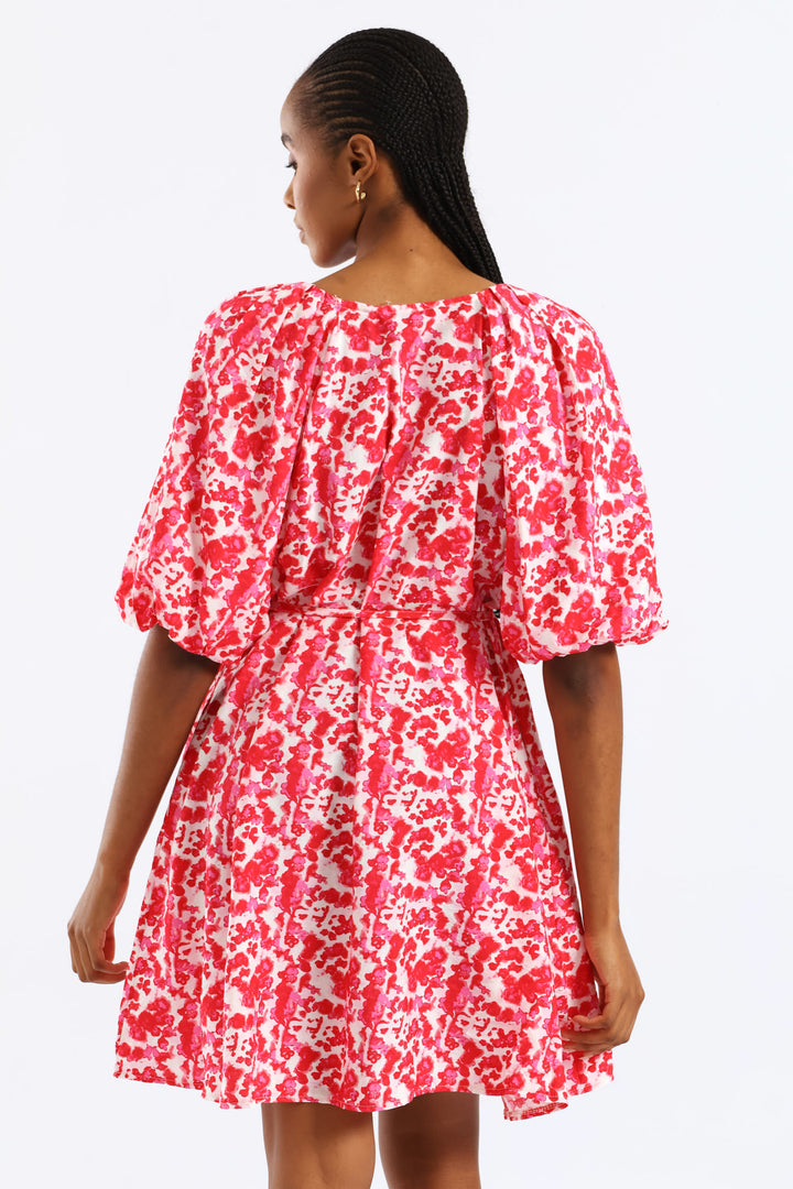 V-Neck Bubble Sleeve Belted Shift Dress - Red/Pink