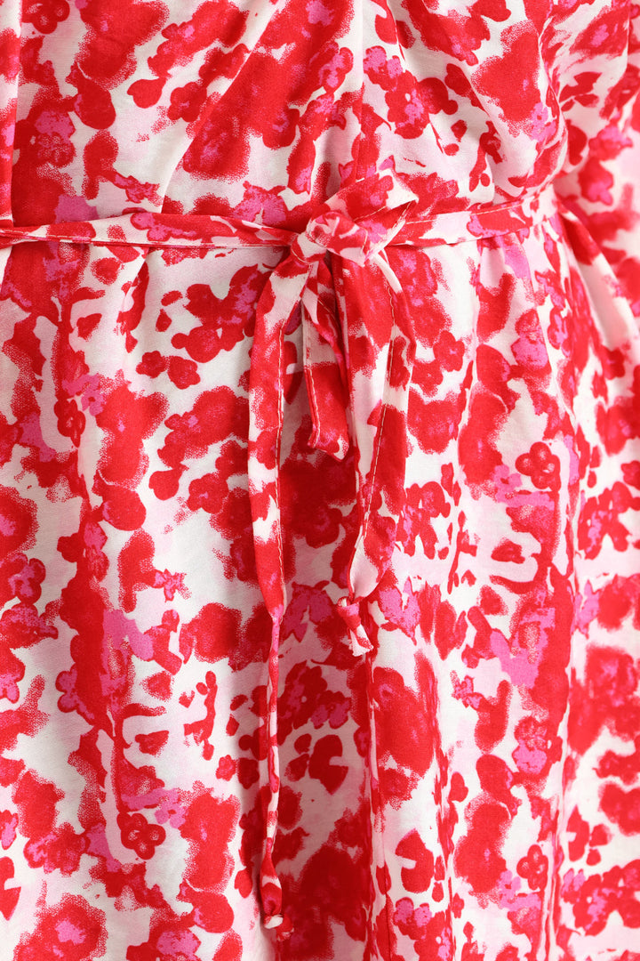 V-Neck Bubble Sleeve Belted Shift Dress - Red/Pink