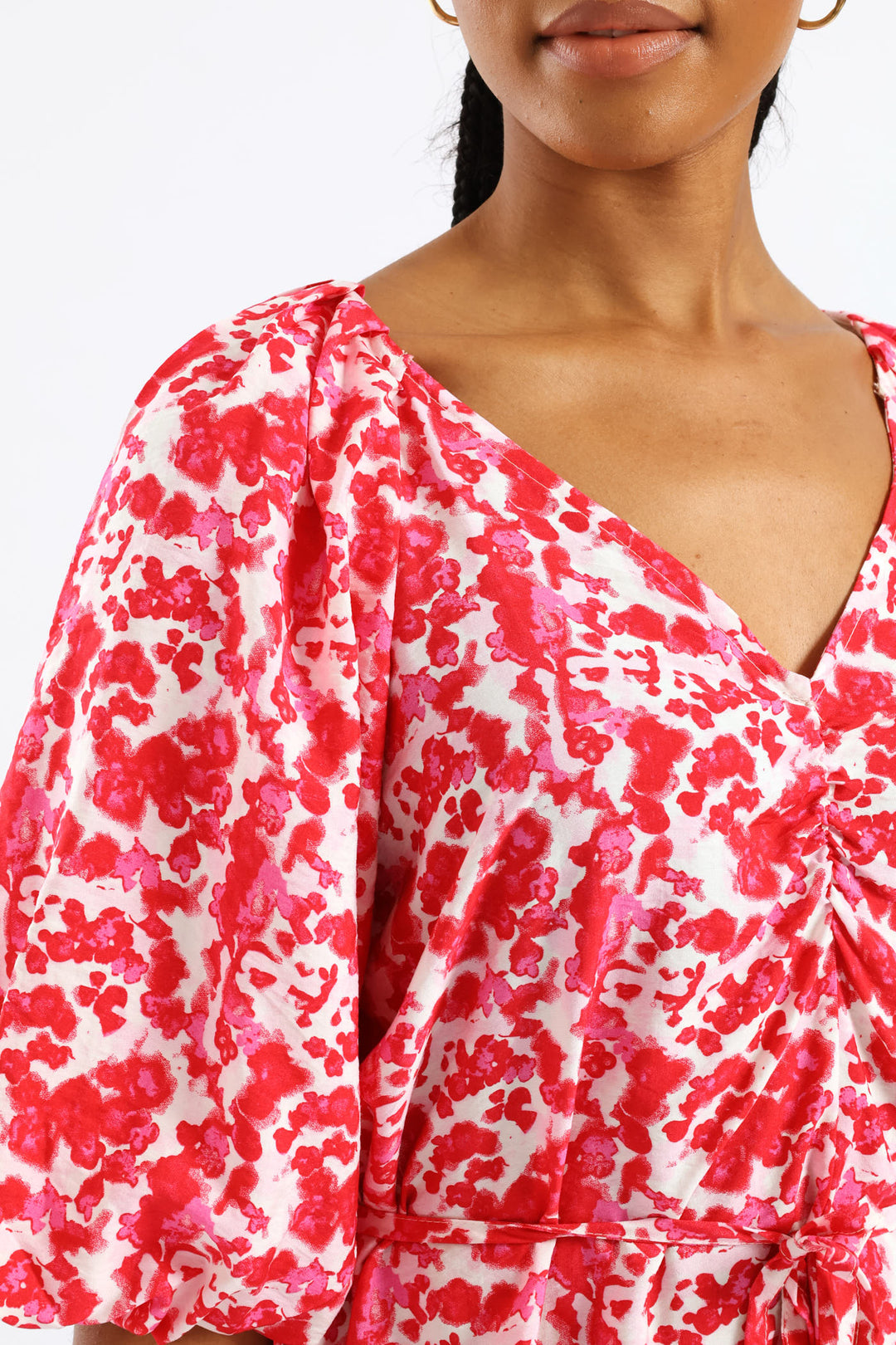 V-Neck Bubble Sleeve Belted Shift Dress - Red/Pink