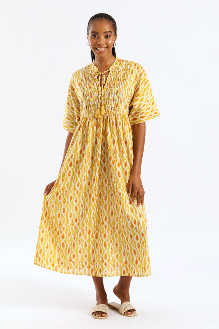 Mandarin Collar Shirred Bib Midi Dress - Ochre