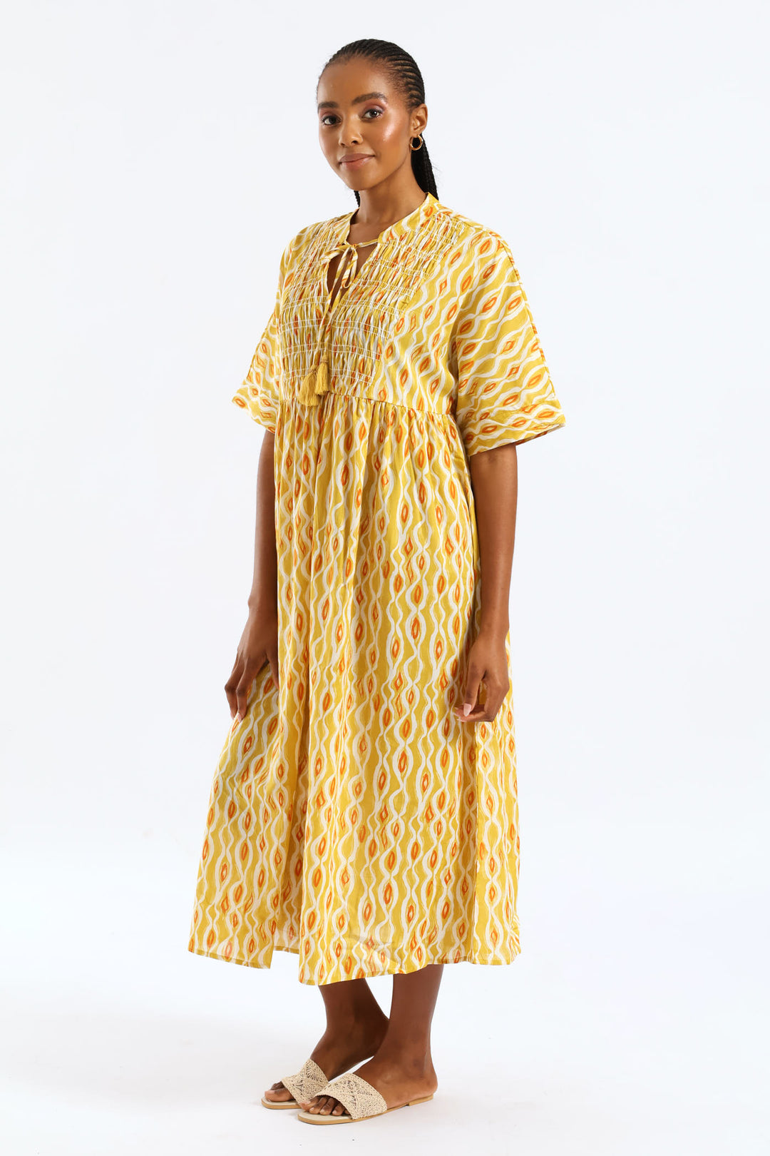 Mandarin Collar Shirred Bib Midi Dress - Ochre