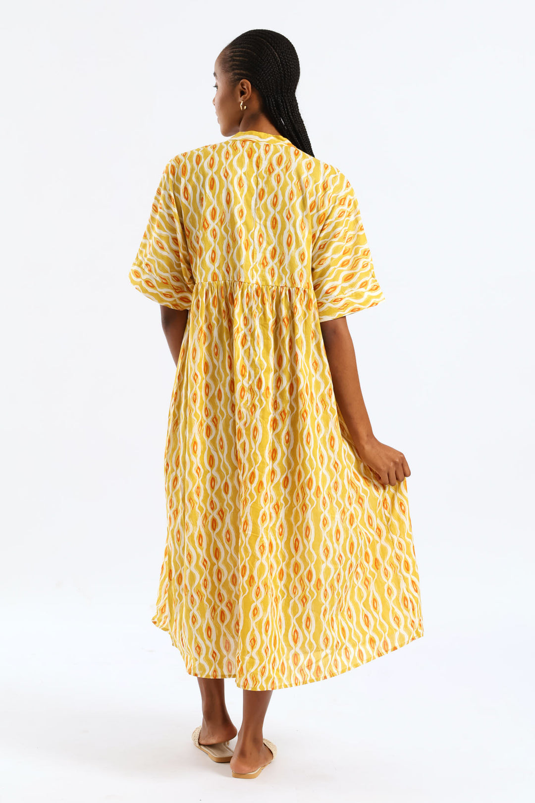 Mandarin Collar Shirred Bib Midi Dress - Ochre