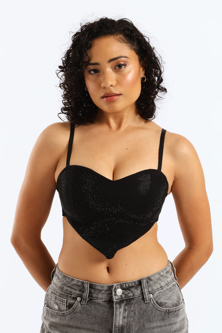 Heart Rhinestone Cropped Cami - Black
