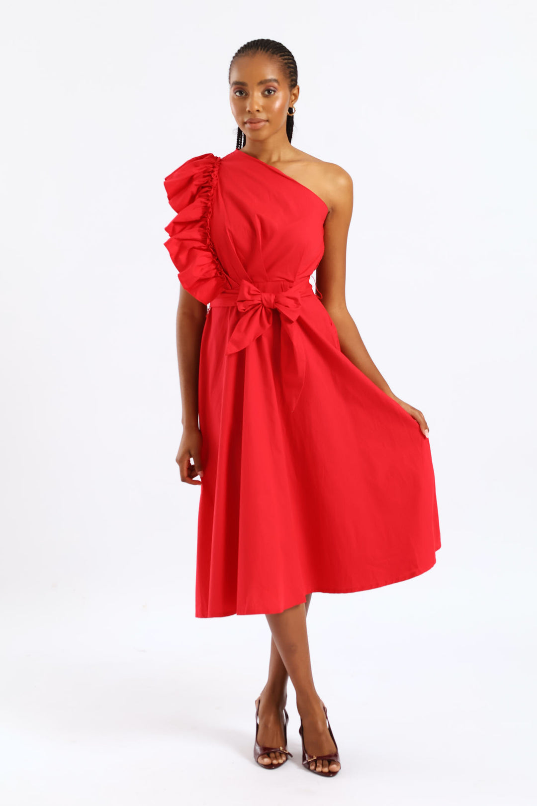Frill One Shoulder Fit & Flare Self Belted Midi Dress - Rose Red