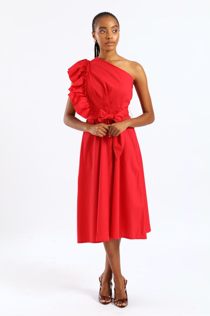 Frill One Shoulder Fit & Flare Self Belted Midi Dress - Rose Red