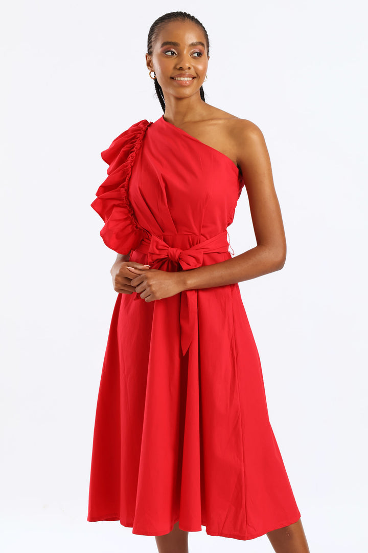 Frill One Shoulder Fit & Flare Self Belted Midi Dress - Rose Red