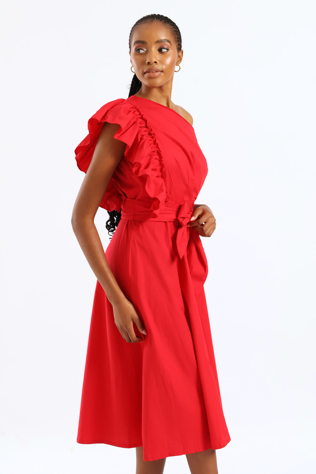Frill One Shoulder Fit & Flare Self Belted Midi Dress - Rose Red