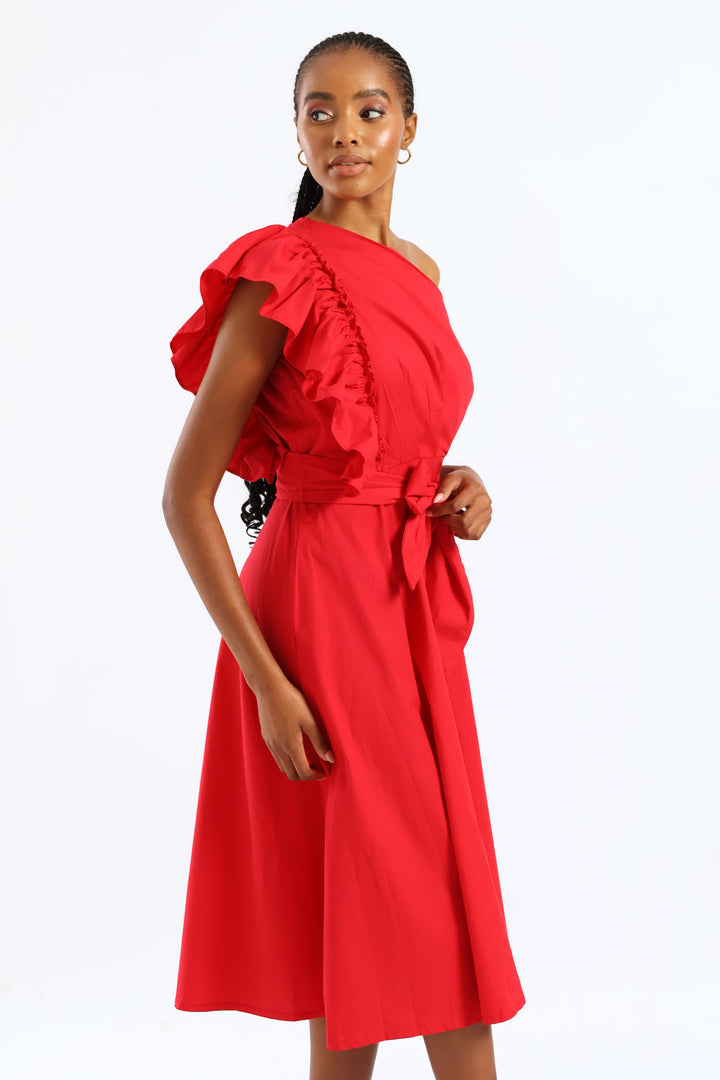 Frill One Shoulder Fit & Flare Self Belted Midi Dress - Rose Red