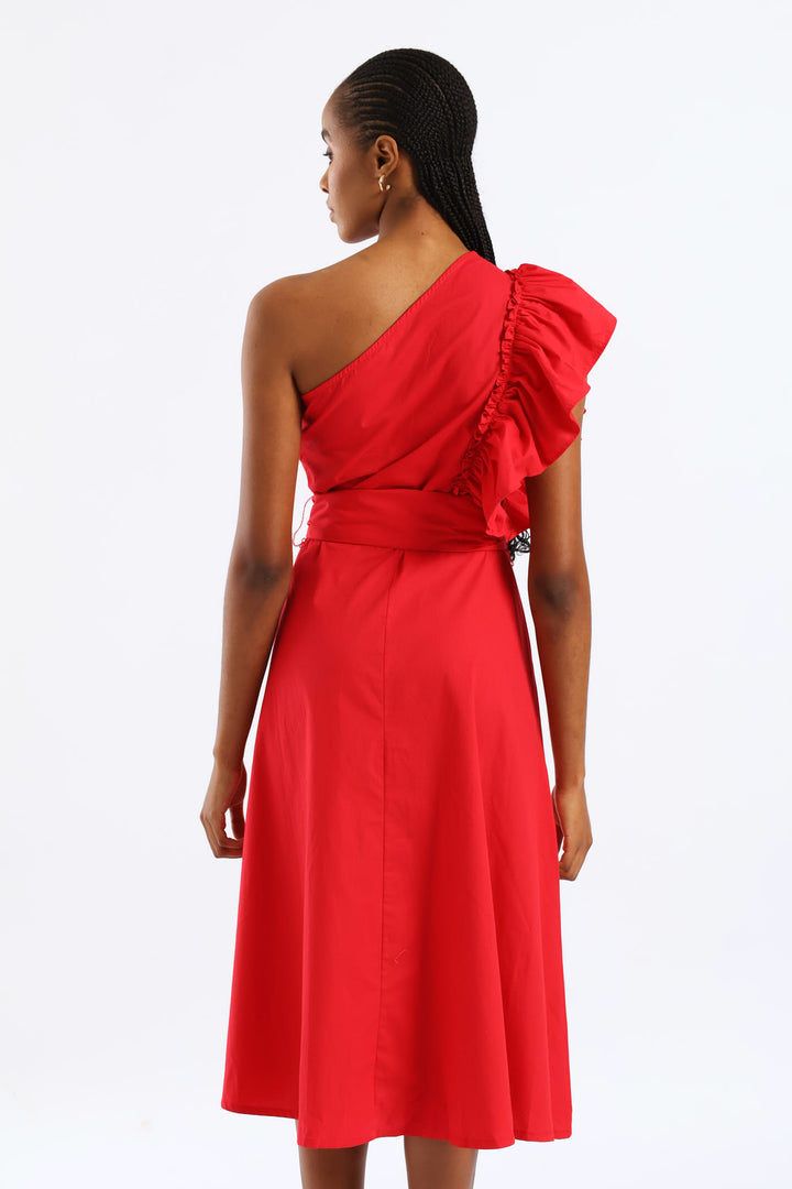 Frill One Shoulder Fit & Flare Self Belted Midi Dress - Rose Red