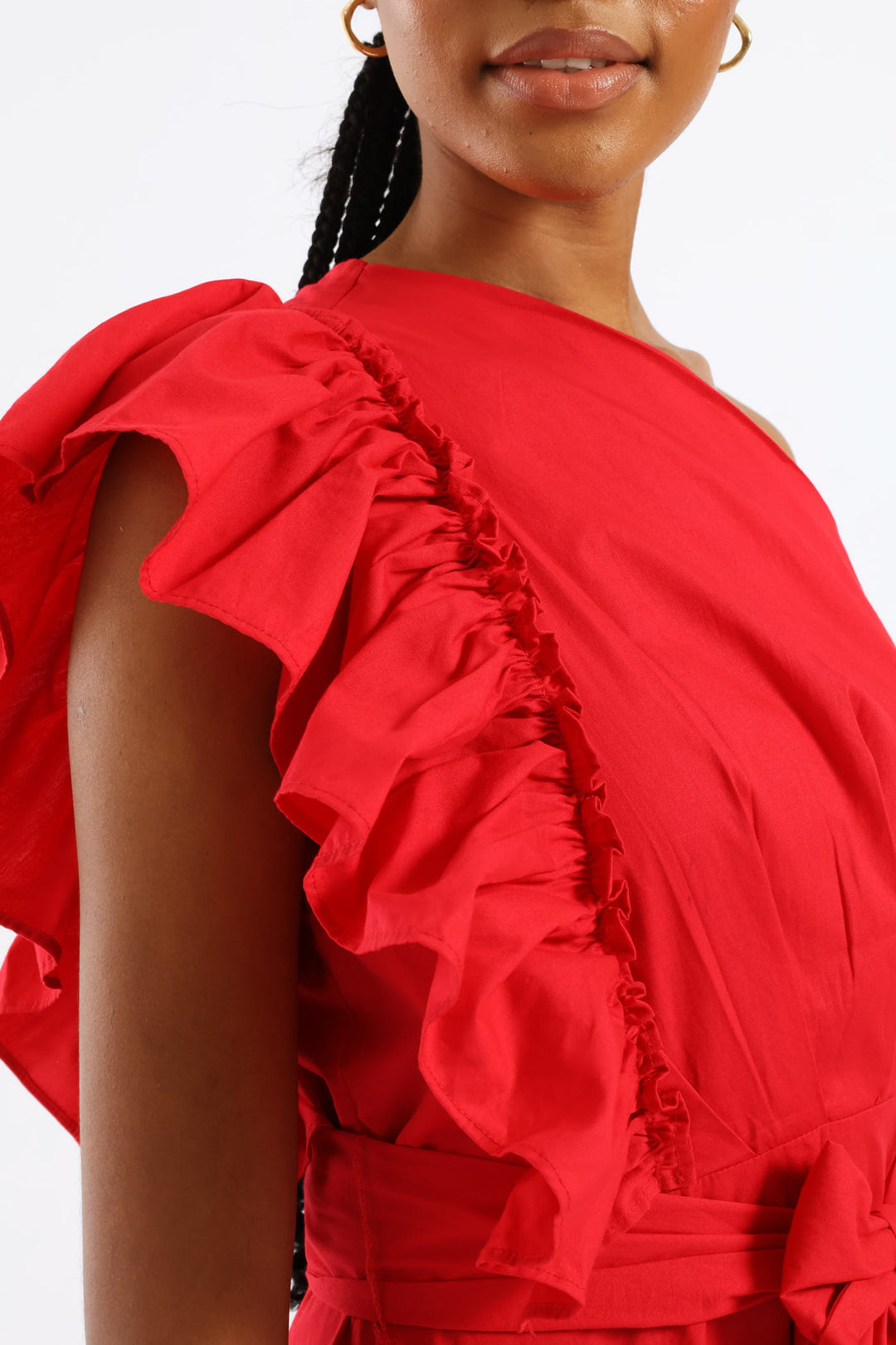 Frill One Shoulder Fit & Flare Self Belted Midi Dress - Rose Red