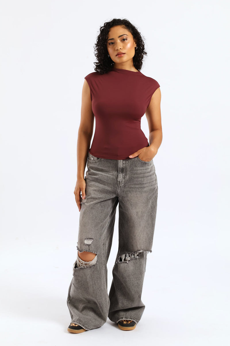 Cowl Boat Neck Open Back Top - Burgundy