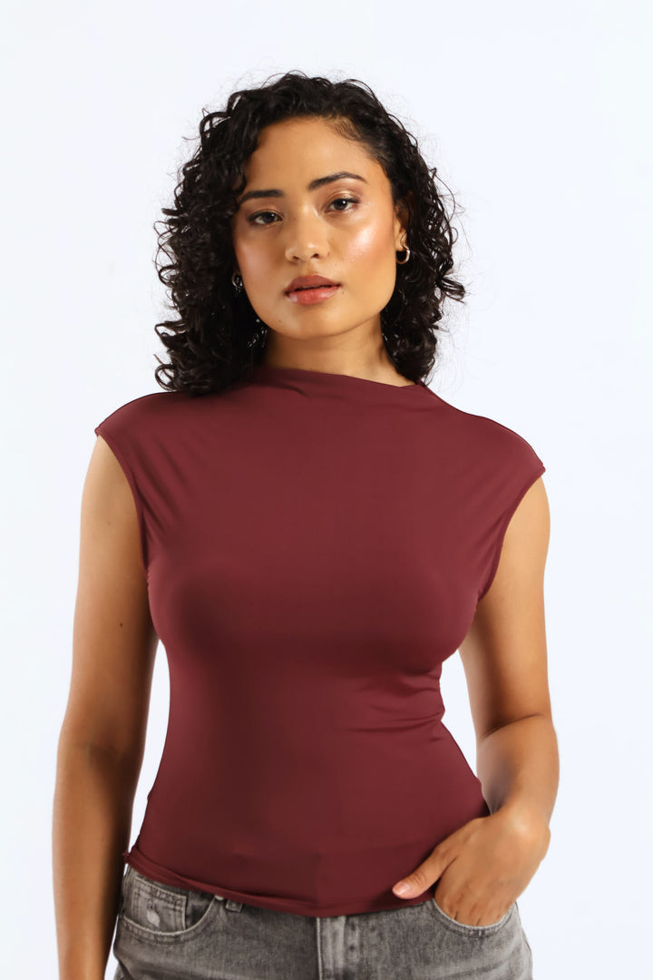 Cowl Boat Neck Open Back Top - Burgundy