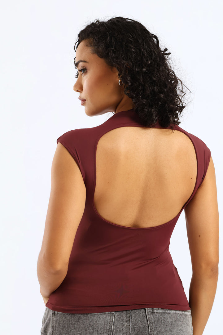 Cowl Boat Neck Open Back Top - Burgundy
