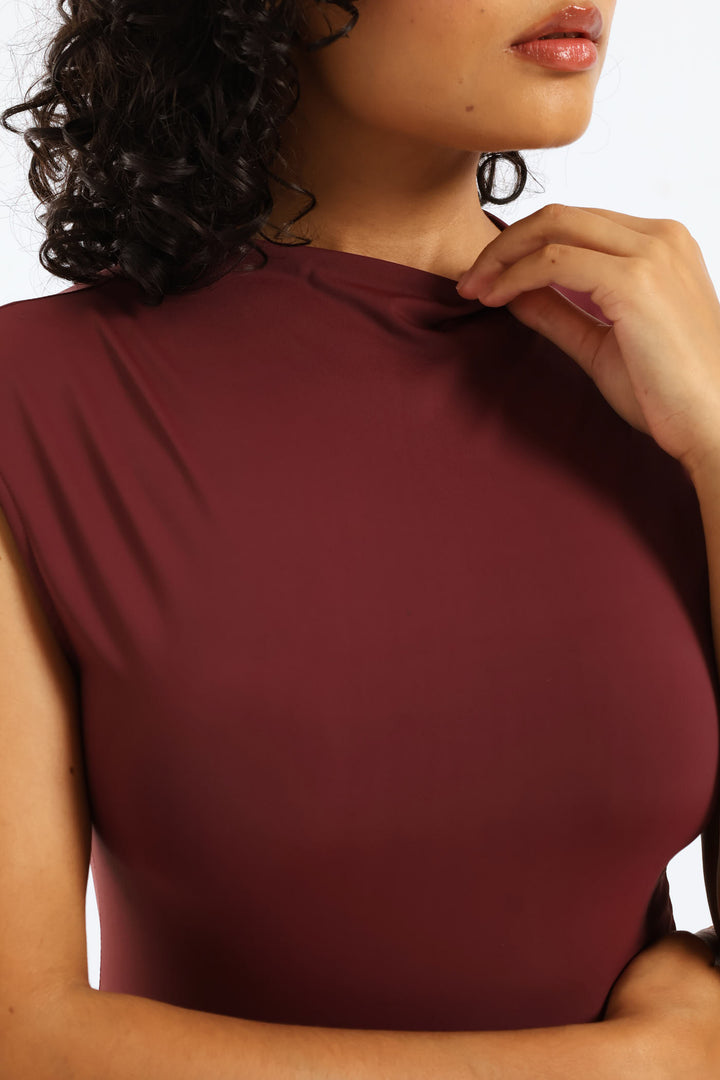 Cowl Boat Neck Open Back Top - Burgundy