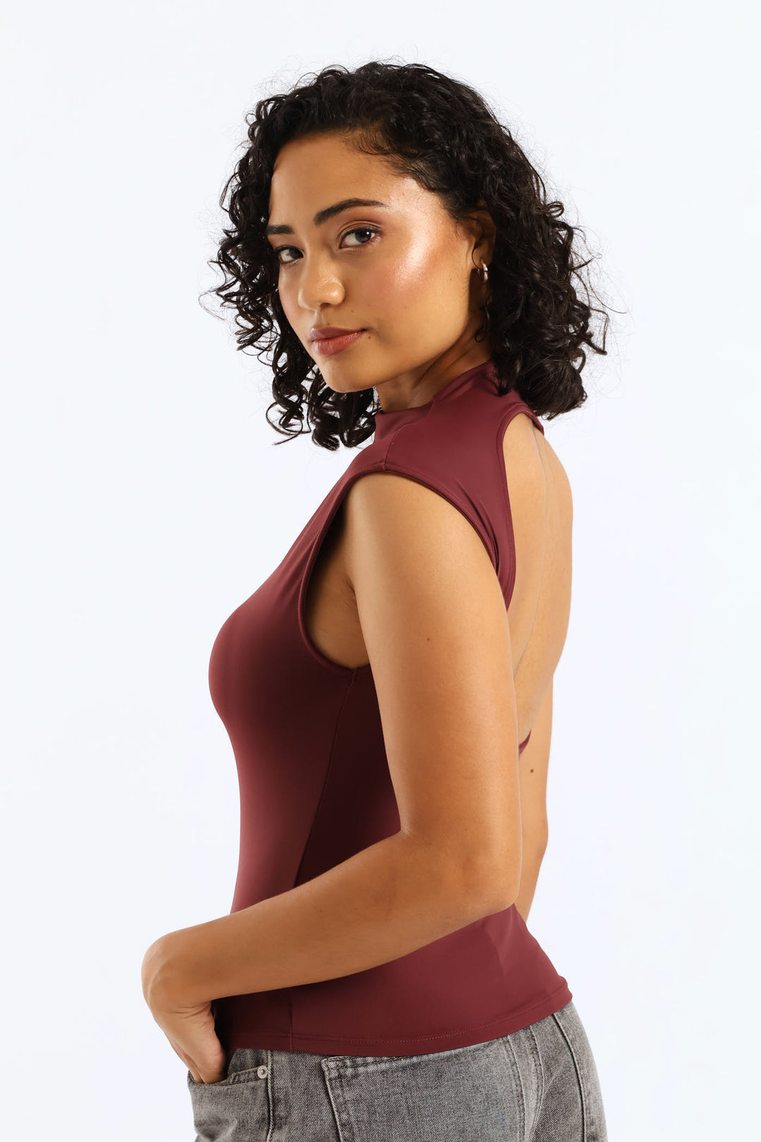 Cowl Boat Neck Open Back Top - Burgundy