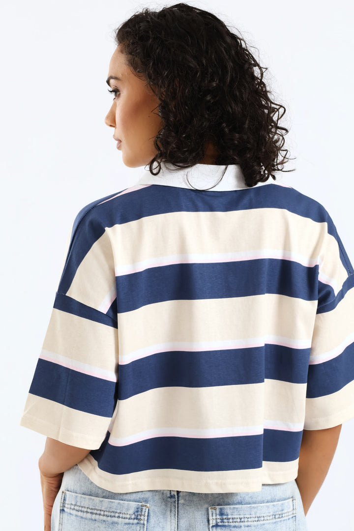 Boxy Fit Stripe Golfer - Stone