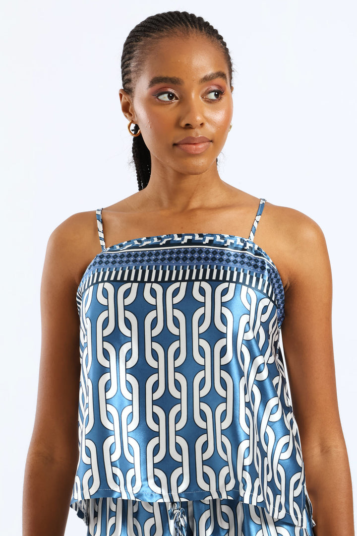 Adjustable Strap Satin Cami - White/Blue