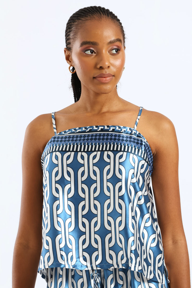 Adjustable Strap Satin Cami - White/Blue