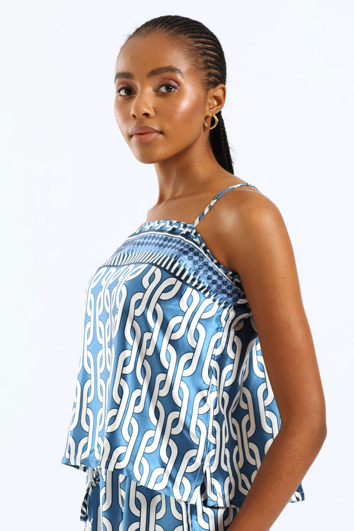 Adjustable Strap Satin Cami - White/Blue