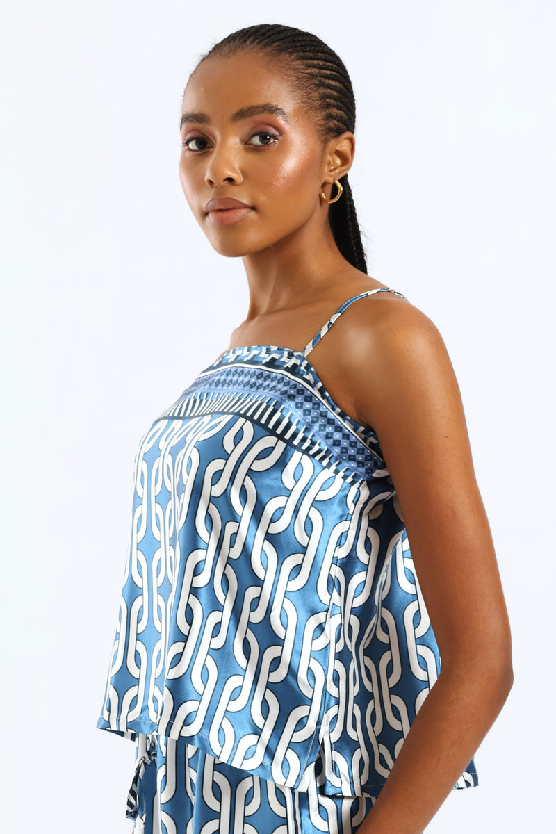 Adjustable Strap Satin Cami - White/Blue