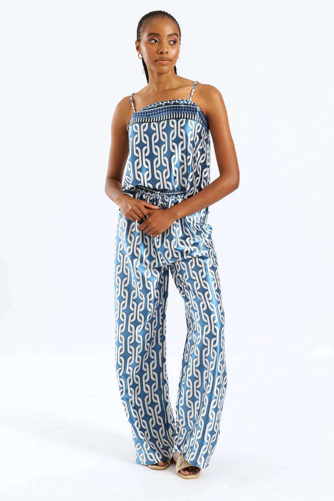 Pull-On Toggle Paperbag Wideleg Satin Pant - White/Blue