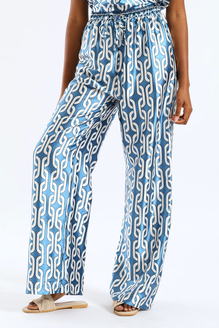 Pull-On Toggle Paperbag Wideleg Satin Pant - White/Blue