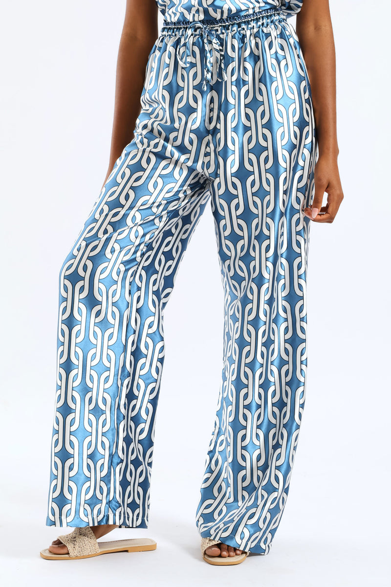 Pull-On Toggle Paperbag Wideleg Satin Pant - White/Blue