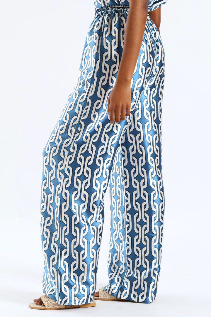 Pull-On Toggle Paperbag Wideleg Satin Pant - White/Blue