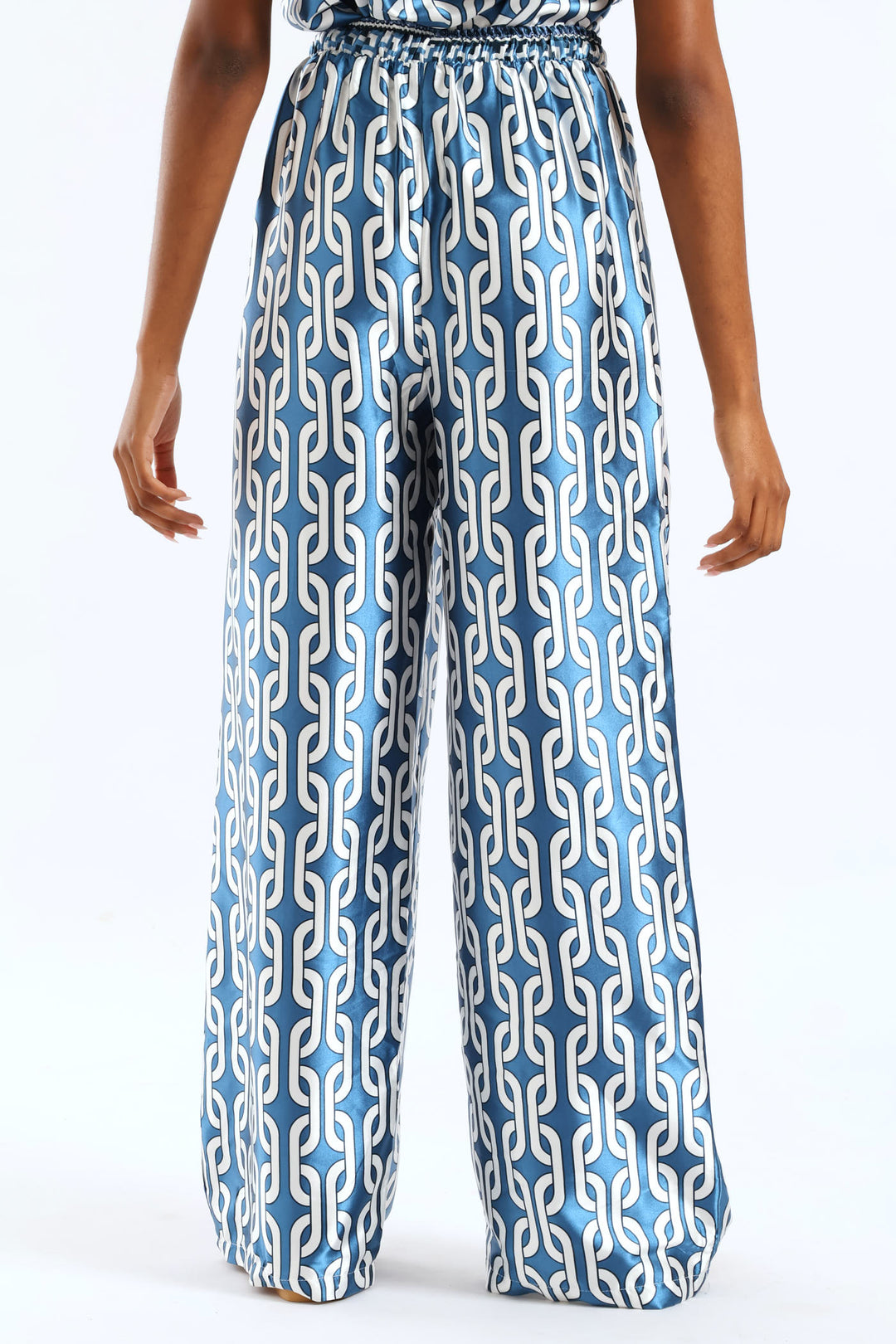 Pull-On Toggle Paperbag Wideleg Satin Pant - White/Blue