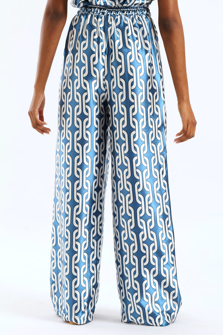 Pull-On Toggle Paperbag Wideleg Satin Pant - White/Blue