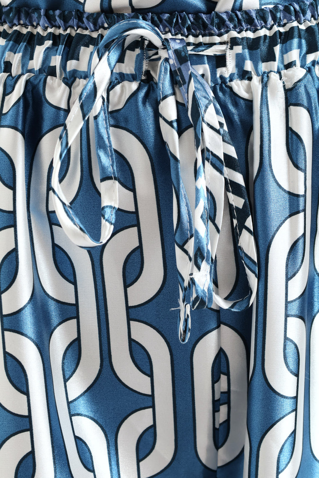 Pull-On Toggle Paperbag Wideleg Satin Pant - White/Blue