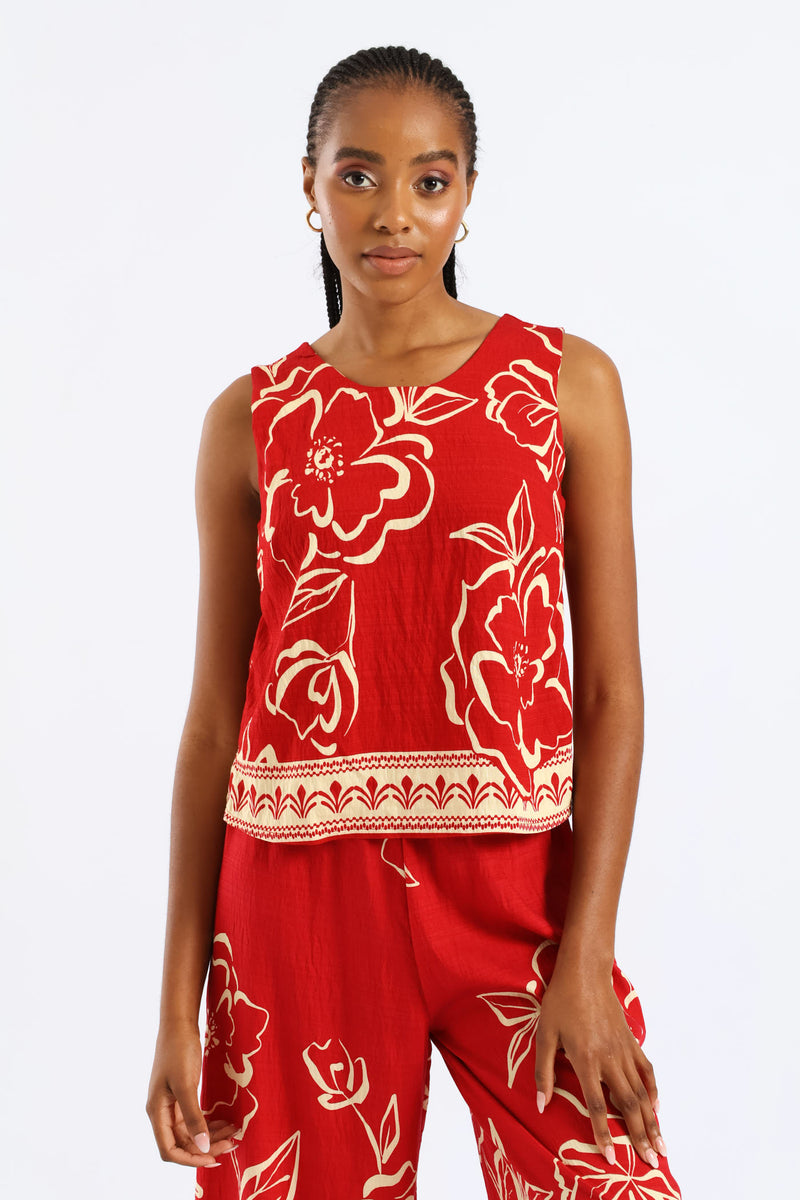 Tropical Border Print Shell Tank - White/Red