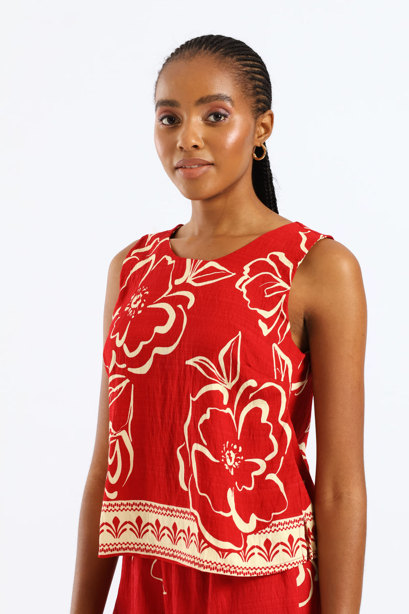 Tropical Border Print Shell Tank - White/Red