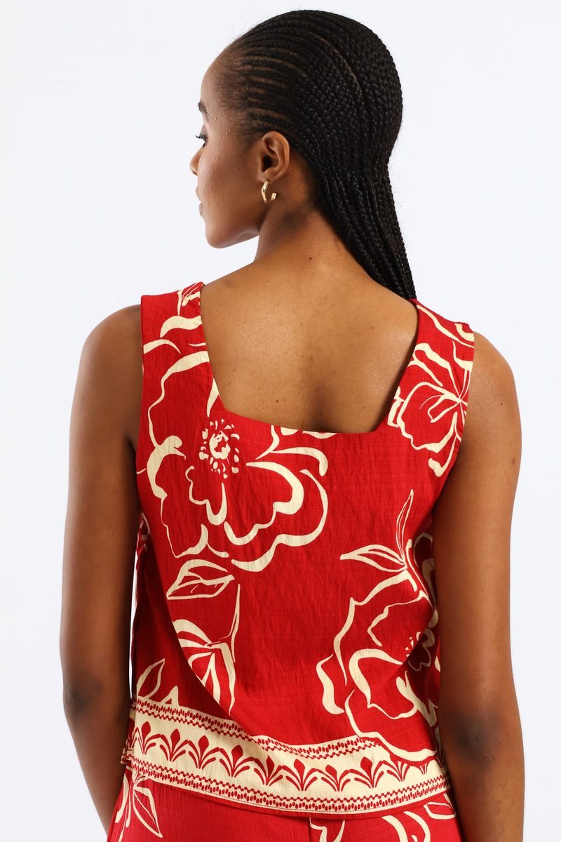 Tropical Border Print Shell Tank - White/Red