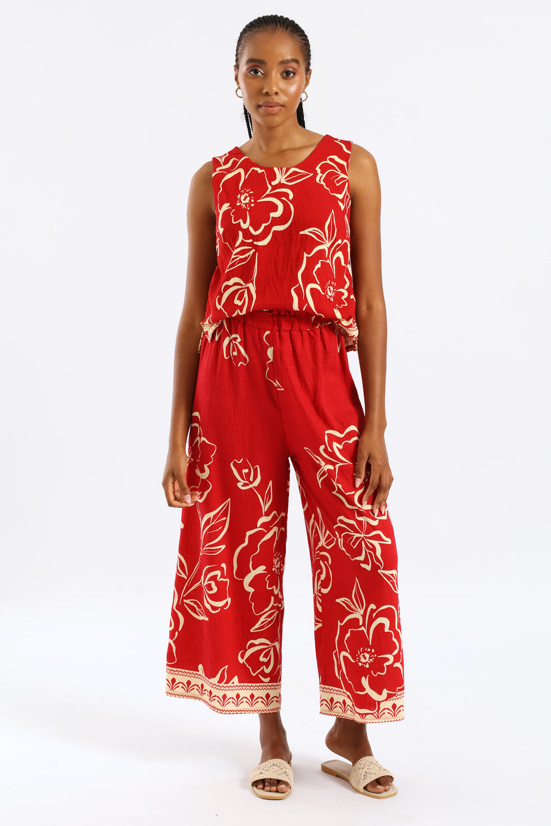 Pull-On Tropical Print Wideleg Culotte Pant - White/Red