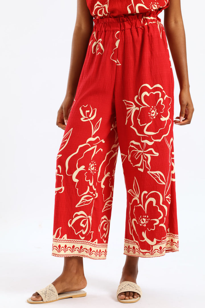 Pull-On Tropical Print Wideleg Culotte Pant - White/Red