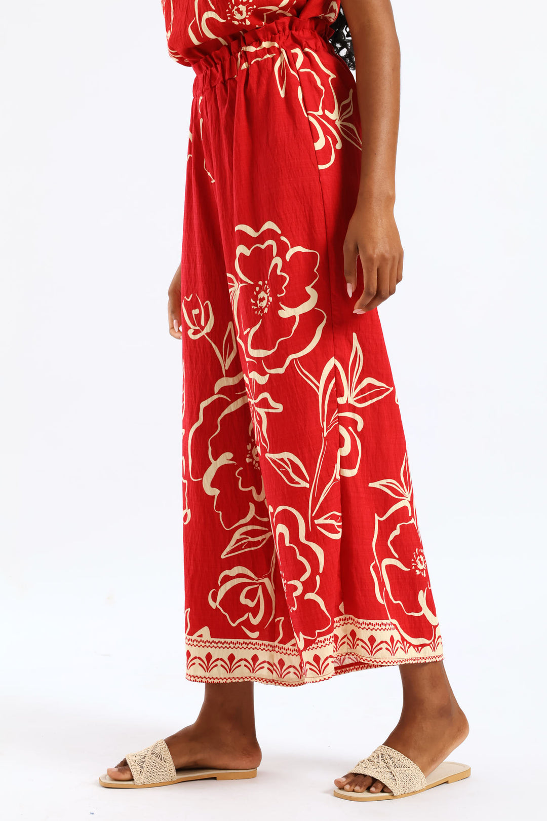 Pull-On Tropical Print Wideleg Culotte Pant - White/Red