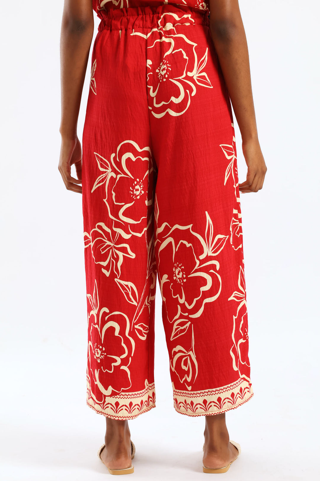 Pull-On Tropical Print Wideleg Culotte Pant - White/Red